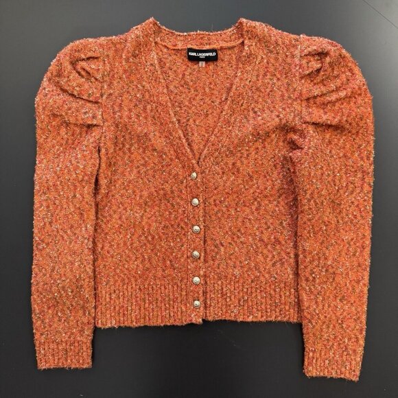Karl Lagerfeld Paris Confetti Puff Shoulder Wool Button Cardigan V-Neck Sweater - Picture 3 of 10